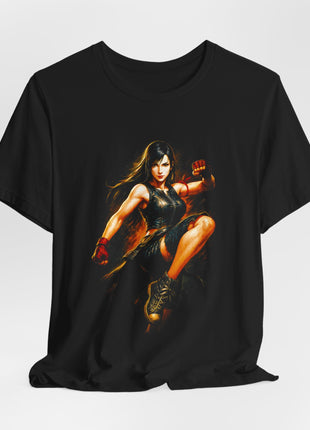 Draped front view of the black Tifa Lockhart Rising Kick Graphic T-Shirt.