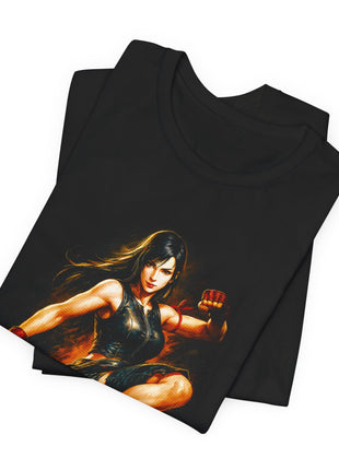 Folded view of the black Tifa Lockhart Rising Kick Graphic T-Shirt.