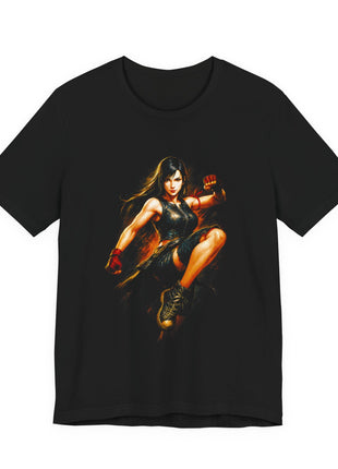 Front view of the black Tifa Lockhart Rising Kick Graphic T-Shirt.
