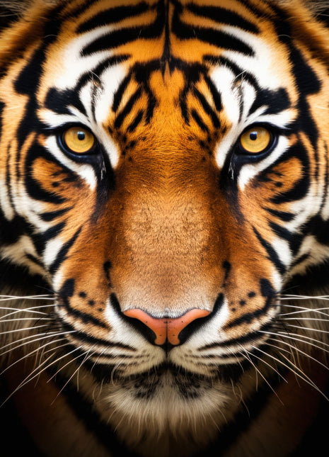 Tightly framed tiger face with golden eyes, bold black stripes, orange muzzle and white whiskers.