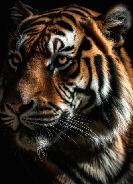 Orange tiger looking left with bold black stripes, white cheek fur and long whiskers against black.