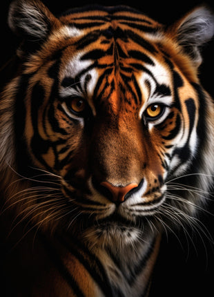 Tiger with a slightly turned face, deep copper fur and golden eyes against a black background.