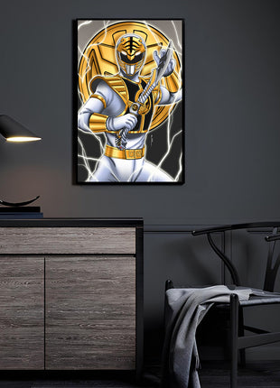 Tiger Spirit Ascendant Wall Art featuring Tommy Oliver as the White Ranger with Saba and Tigerzord imagery from Mighty Morphin Power Rangers, shown as acrylic wall art, by Emmanuel Centeno.