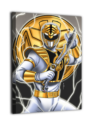 Tiger Spirit Ascendant Wall Art featuring Tommy Oliver as the White Ranger with Saba and Tigerzord imagery from Mighty Morphin Power Rangers, shown as canvas wall art, by Emmanuel Centeno.