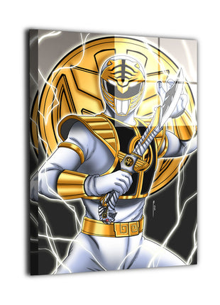 Tiger Spirit Ascendant Wall Art featuring Tommy Oliver as the White Ranger with Saba and Tigerzord imagery from Mighty Morphin Power Rangers, shown as metal wall art, by Emmanuel Centeno.