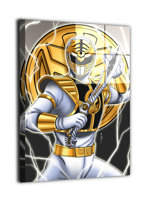 Tiger Spirit Ascendant Wall Art featuring Tommy Oliver as the White Ranger with Saba and Tigerzord imagery from Mighty Morphin Power Rangers, shown as metal wall art, by Emmanuel Centeno.