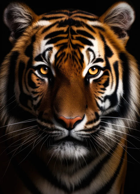 Tiger facing forward with amber eyes, orange fur, bold black stripes and long white whiskers against black.