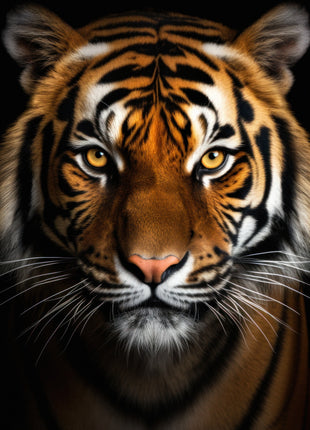 Tiger facing forward with a broad golden brow, black stripes, white cheeks and pink nose against black.