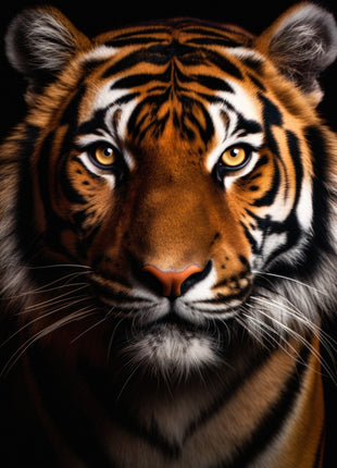 Tiger with its head slightly angled, copper-orange fur, dark stripes and a white chin against black.