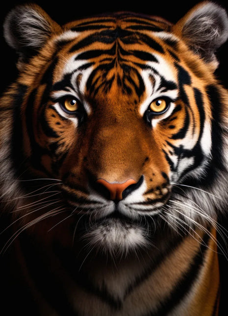 Tiger with its head slightly angled, copper-orange fur, dark stripes and a white chin against black.