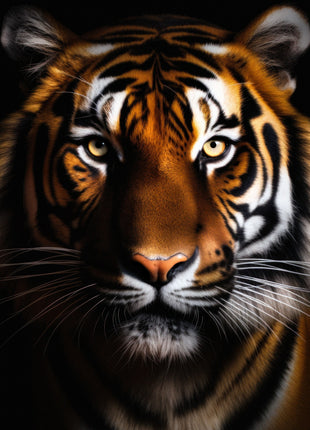 Front-facing orange tiger with broad forehead stripes, bright white cheeks and long whiskers on black.