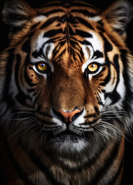 Front-facing tiger with golden eyes, silver-white cheeks, orange forehead and black stripes against black.