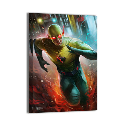 24x36 metal wall art of reverse flash running with chaos in background

