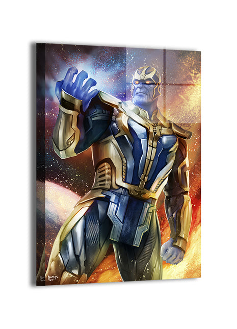 Titan Conqueror Metal Print — Thanos portrait with celestial glow; artwork by Nopeys; modern metallic sheen, ready to hang.