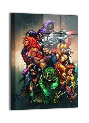 24x36 metal wall art of full teen titans team in dynamic comic style

