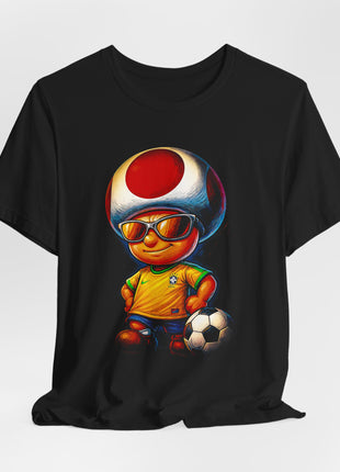 Draped front view of the black Toad Soccer Shades Graphic T-Shirt.