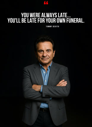Tommy DeVito in a dark portrait beneath white quotation text and a red quotation mark.
