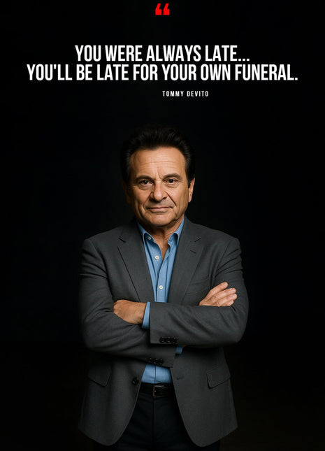 Tommy DeVito in a dark portrait beneath white quotation text and a red quotation mark.