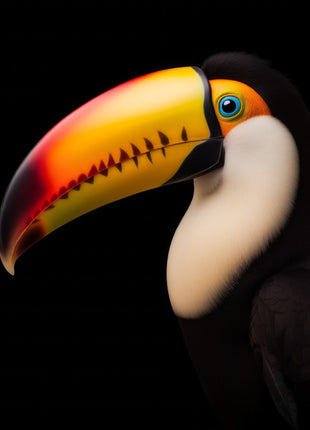 Left-facing toucan with broad orange-yellow bill, red tip, blue eye ring and cream throat.