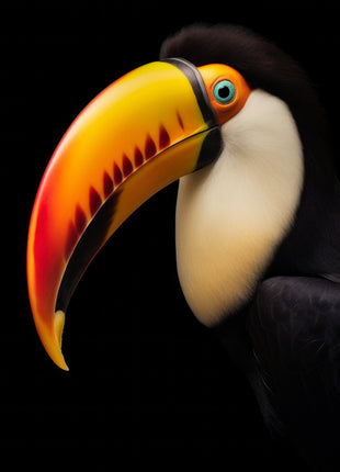 Toucan with a yellow-orange-red bill, blue eye ring and pale throat against black.