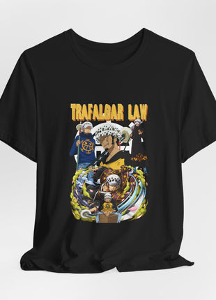 Draped front view of the black Trafalgar Law Gold Lettering Collage Graphic T-Shirt.