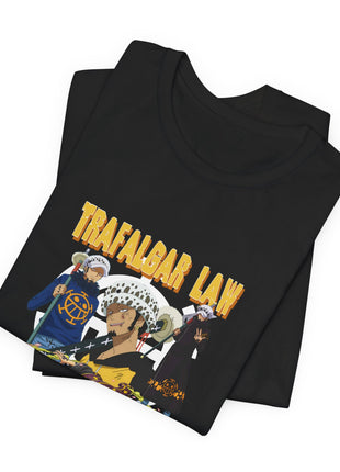 Folded black Trafalgar Law Gold Lettering Collage Graphic T-Shirt showing the front artwork.