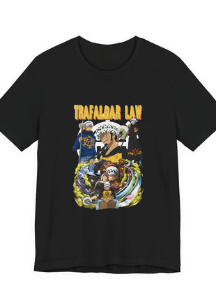 Front of a black T-shirt. Artwork: Trafalgar Law appears in overlapping portraits beneath large gold TRAFALGAR LAW lettering.