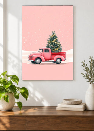 Tree Run in Coral wall art displayed above a walnut console against a white wall