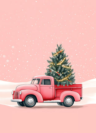 Pink-red vintage-style pickup carrying a Christmas tree decorated with warm light garlands and red ornaments against a coral snowy background; Tree Run in Coral artwork