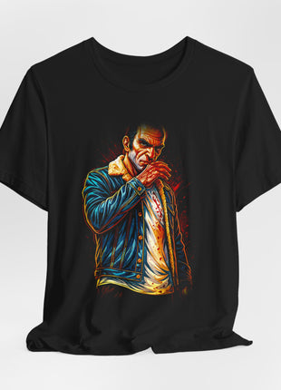 Draped front view of the black Trevor Philips Troubled Portrait Graphic T-Shirt.