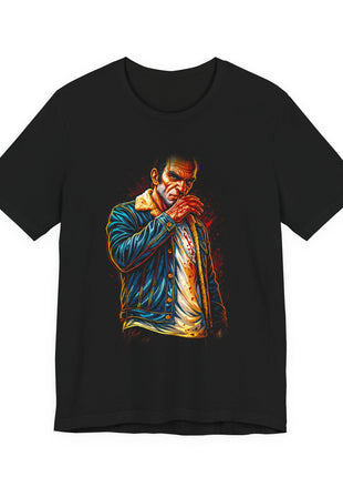 Front view of the black Trevor Philips Troubled Portrait Graphic T-Shirt.