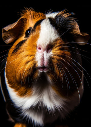 Front-facing orange, black and white guinea pig with a white nose stripe and pink nose.