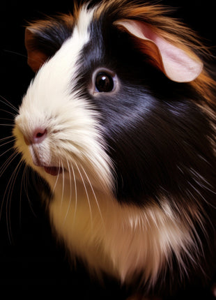 Tricolor guinea pig looking left with white facial stripe, dark coat and warm brown tufts.
