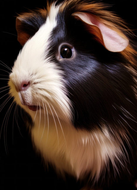 Tricolor guinea pig looking left with white facial stripe, dark coat and warm brown tufts.