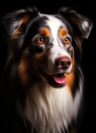 Tricolor herding dog looking right with open mouth, white blaze, pale chest and tan cheeks.