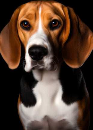Tricolor hound facing forward with long tan ears, brown eyes and a white muzzle blaze and chest.
