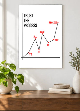 Trust the Climb acrylic wall art displayed above a wooden console with plants and books against a white wall.