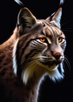 Lynx looking right with tall dark ear tufts, copper-brown fur, pale cheeks and golden eyes on black.