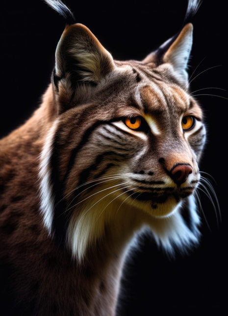 Lynx looking right with tall dark ear tufts, copper-brown fur, pale cheeks and golden eyes on black.
