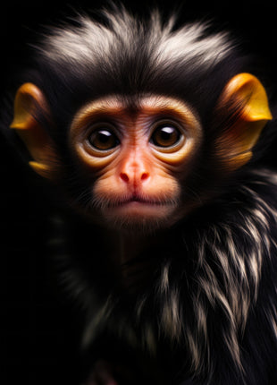 Small dark-furred monkey with golden ears, silver-tipped crest and warm orange muzzle against black.