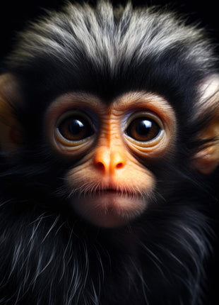 Dark-furred monkey with large round eyes, small golden muzzle and silver-tipped crest against black.