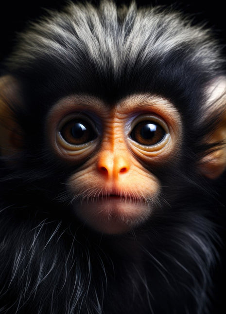 Dark-furred monkey with large round eyes, small golden muzzle and silver-tipped crest against black.
