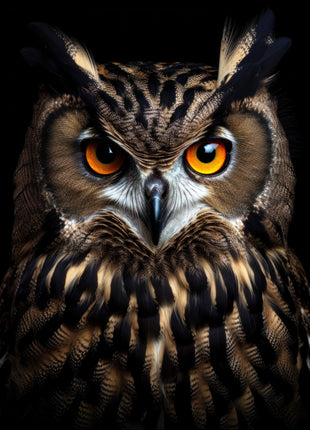 Dark tufted owl with orange eyes and cream chest markings against black.