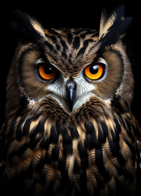 Dark tufted owl with orange eyes and cream chest markings against black.