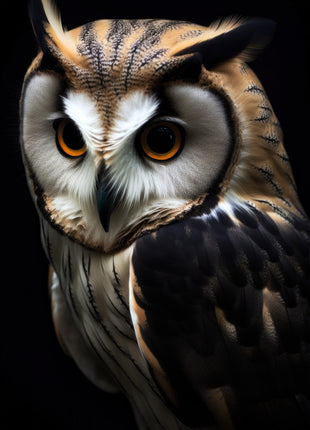 Brown-and-white tufted owl looking back over its shoulder against black.