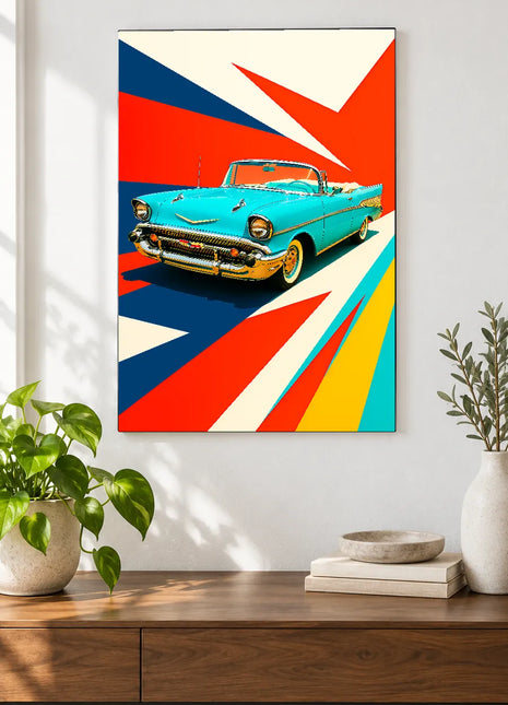 Turquoise Sunday Cruise car wall art displayed above a walnut console against a white wall