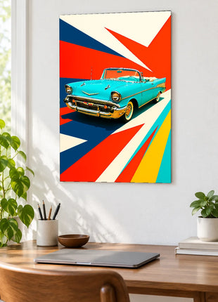 Turquoise Sunday Cruise car wall art displayed above a wooden desk against a white wall