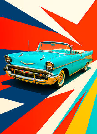 Turquoise vintage convertible with chrome and gold trim over red, navy and cream geometric rays; Turquoise Sunday Cruise artwork