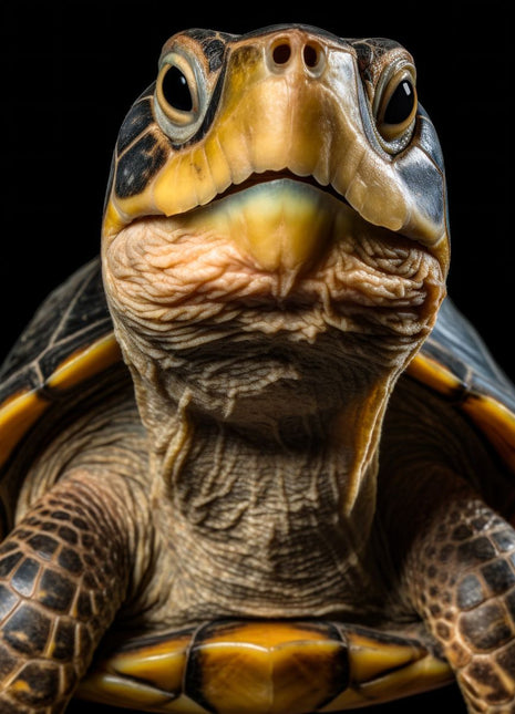 Front-facing turtle with a golden-toned face, patterned shell and textured forelimbs against black.