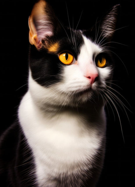 Black-and-white tuxedo cat looking right with golden eyes, white muzzle and broad white chest.